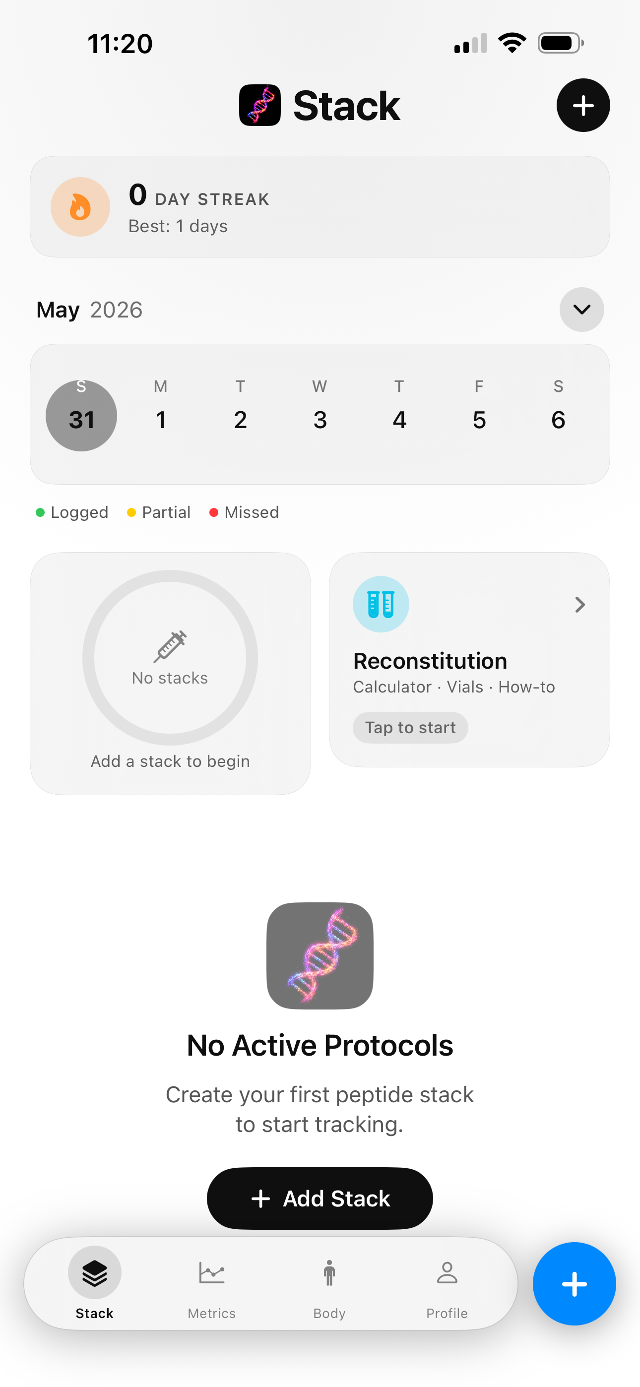 Stack app home screen with day streak, calendar, and stack tracking