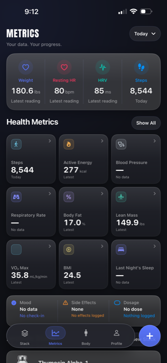 Metrics screen showing weight, resting heart rate, HRV, and Apple Health data