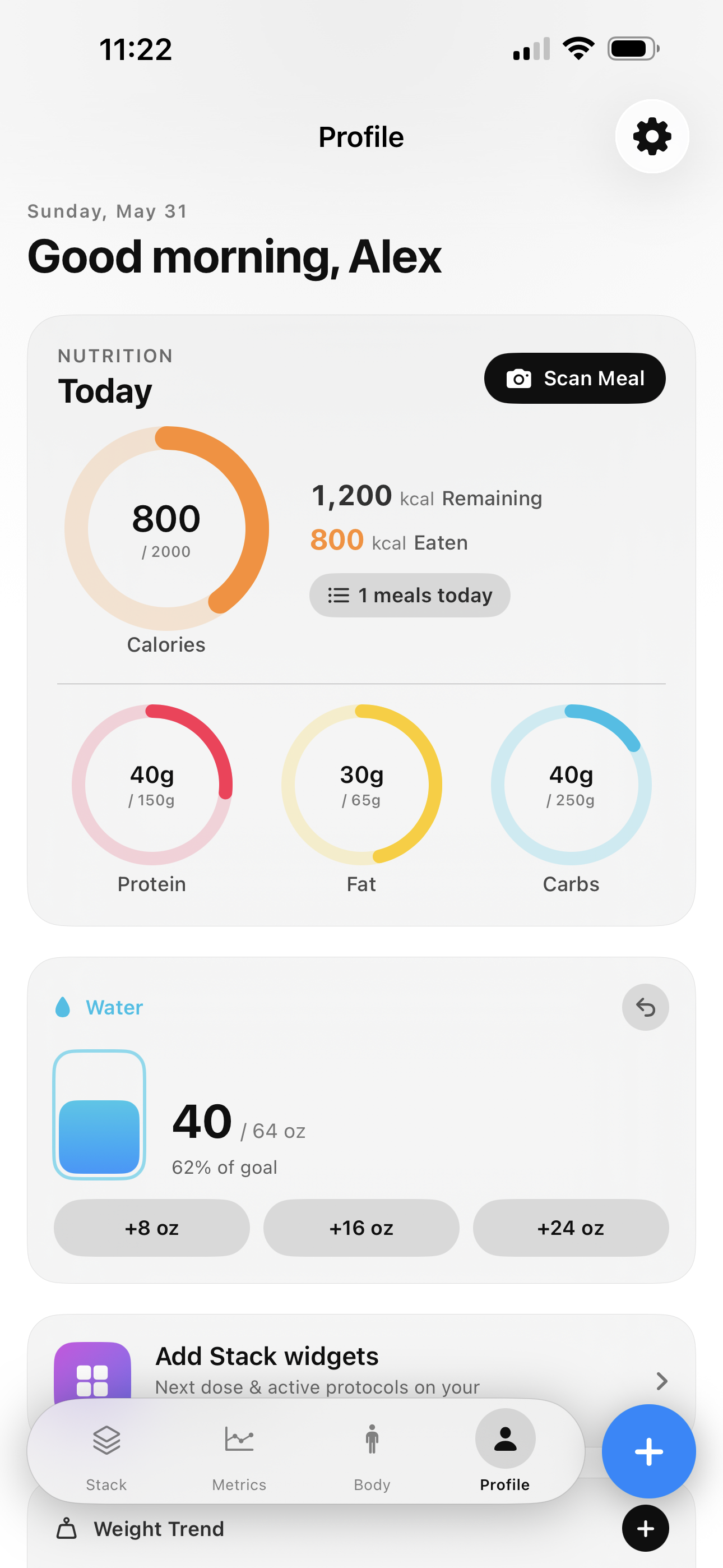 Profile screen showing nutrition, hydration, and body analytics