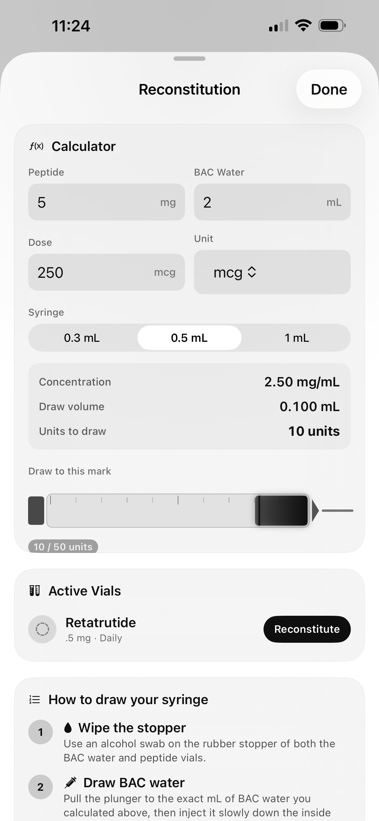 Reconstitution calculator with syringe visualization