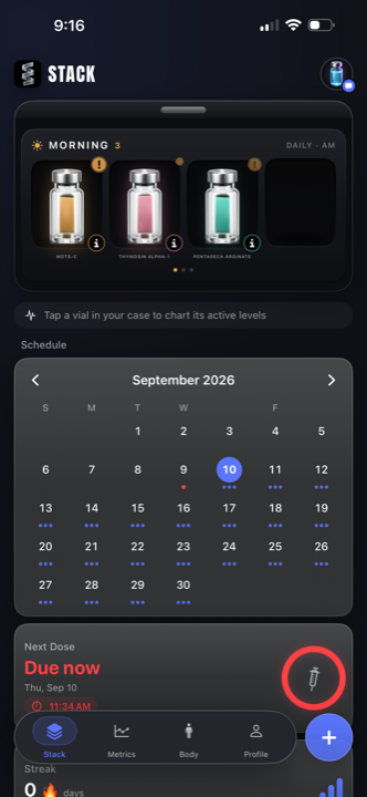 Stack home screen with a case of vials and a monthly dose calendar